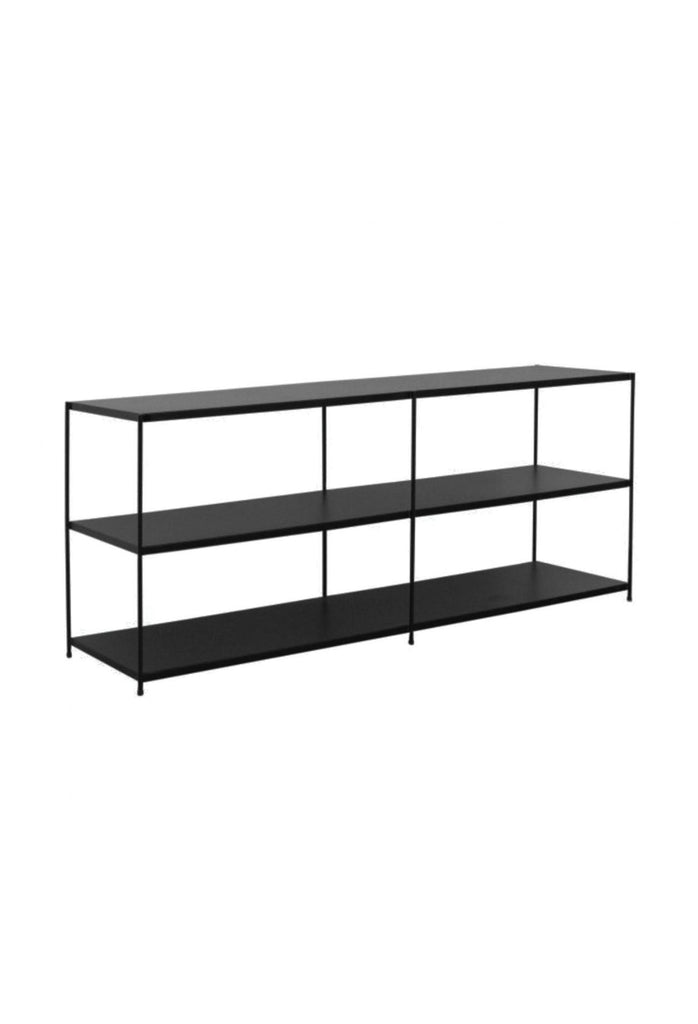 Three Tier Black Metal Console Table Shelf in Rectangular Shape with Sharp Edges and Fine Frame on White Background