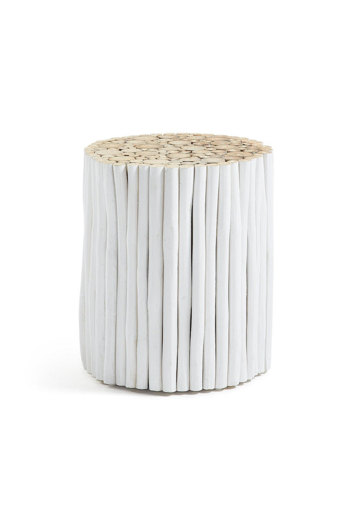 Unique Round Side Table Made of White Painted Teak with Ribbed Outside and Exposed Natural Wood on the Top