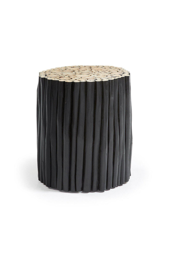 Unique Round Side Table Made of Black Painted Teak with Ribbed Outside and Exposed Natural Wood on the Top