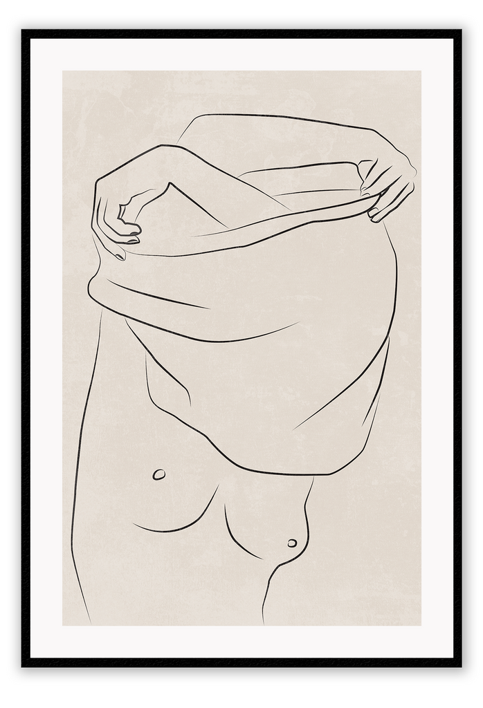 Portrait line art print woman outline black removing shirt on a beige textured background 