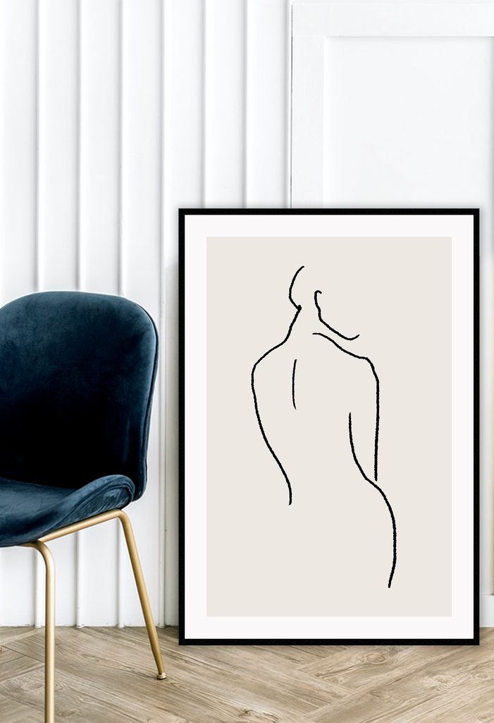Modern line art sketch print woman portrait outline body bedroom lady shape black line cream background.