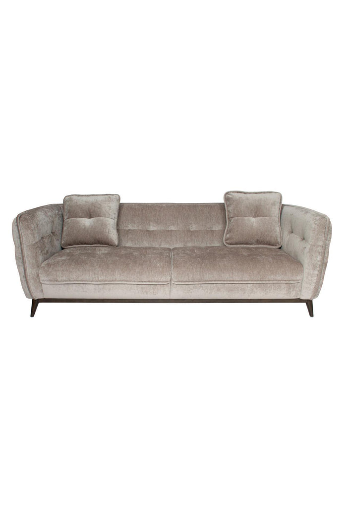 3 seater sofa upholstered in a smooth grey velvet with little details such as wooden frame and two cushions on each side