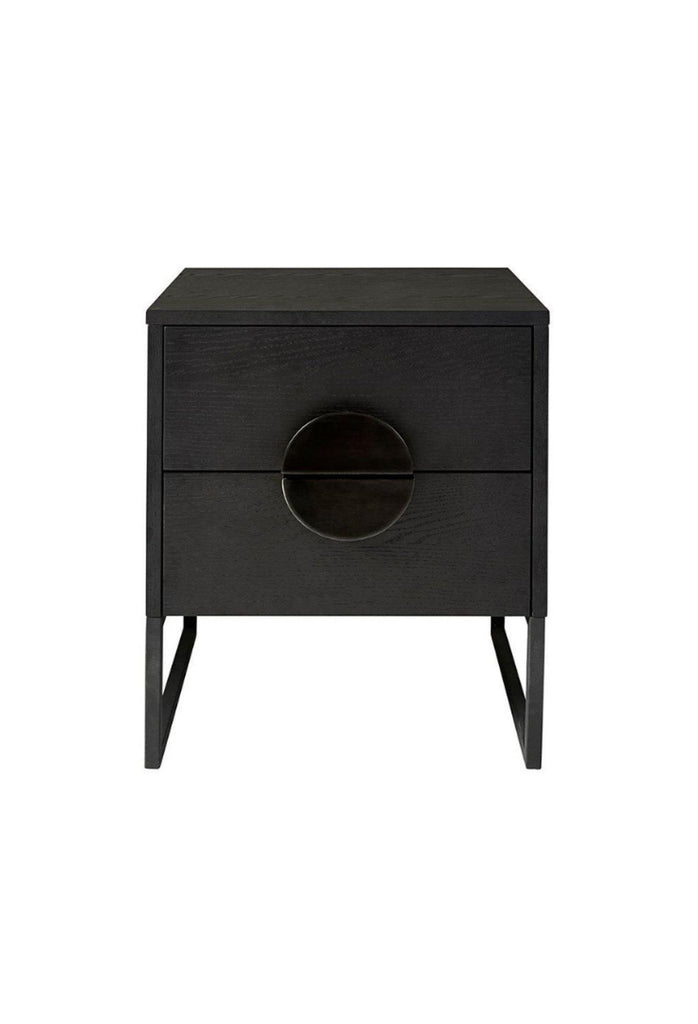 Black Cubic Timber Bedside Table with two drawers featuring black halfmoon shaped metal handles and black metal legs
