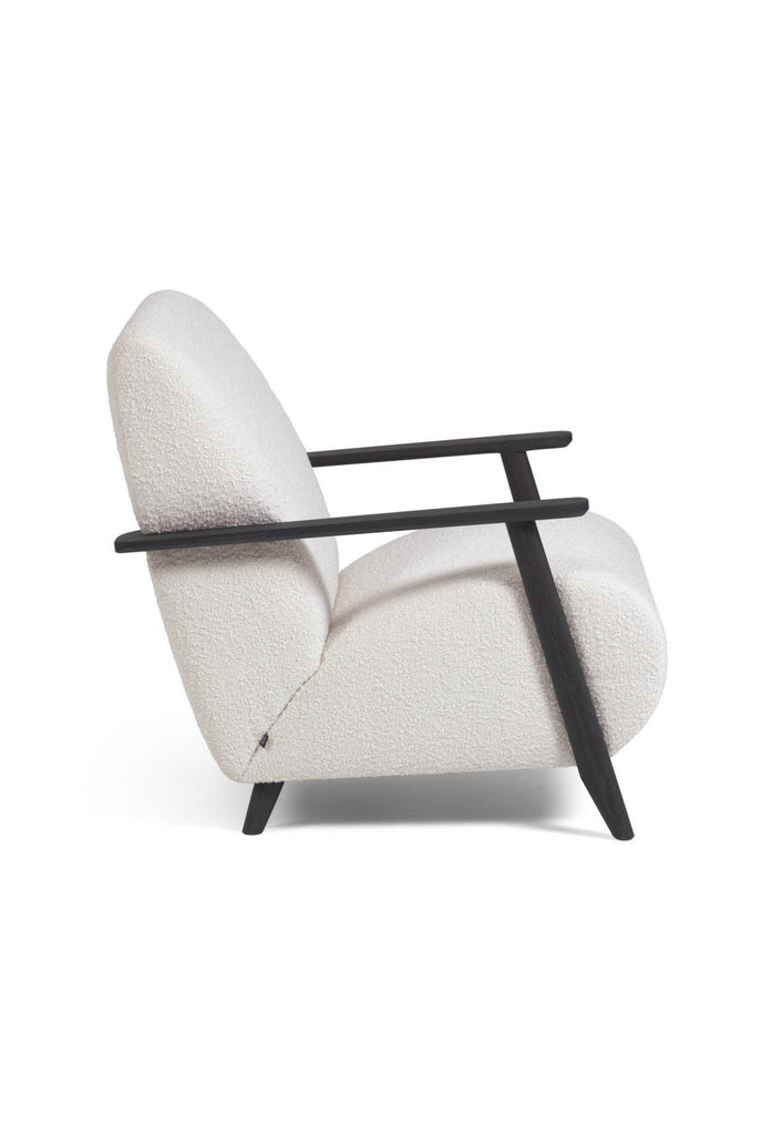 Ivory white boucle armchair with ash wood armrest and frame on a white background