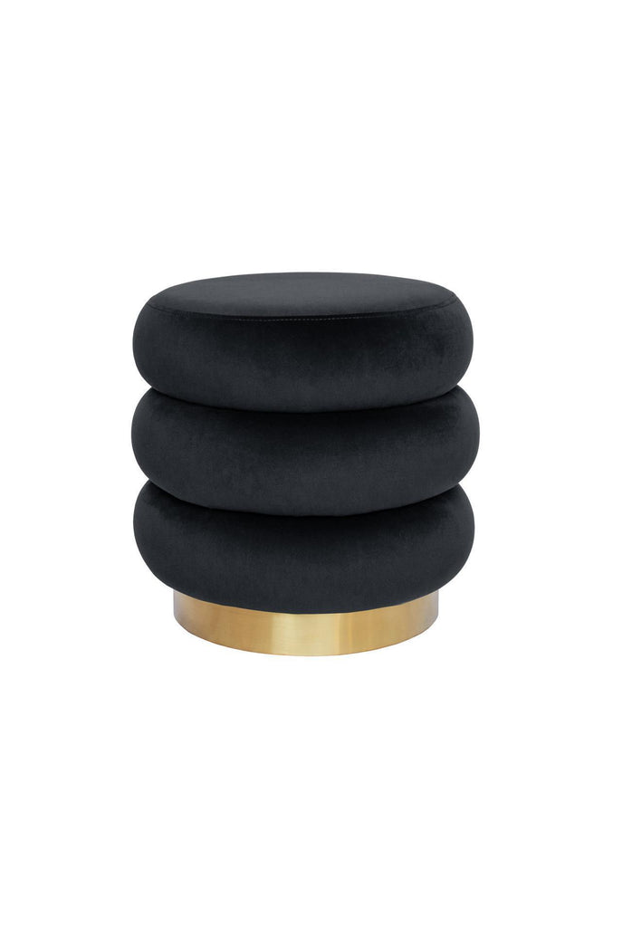 Round ottoman with three layers creating ribbed shape upholstered in black velvet with brushed gold base