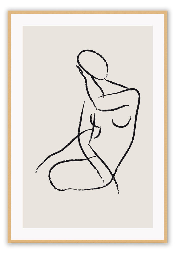 Line art woman lady bedroom minimal portrait print with black outline and beige background 
