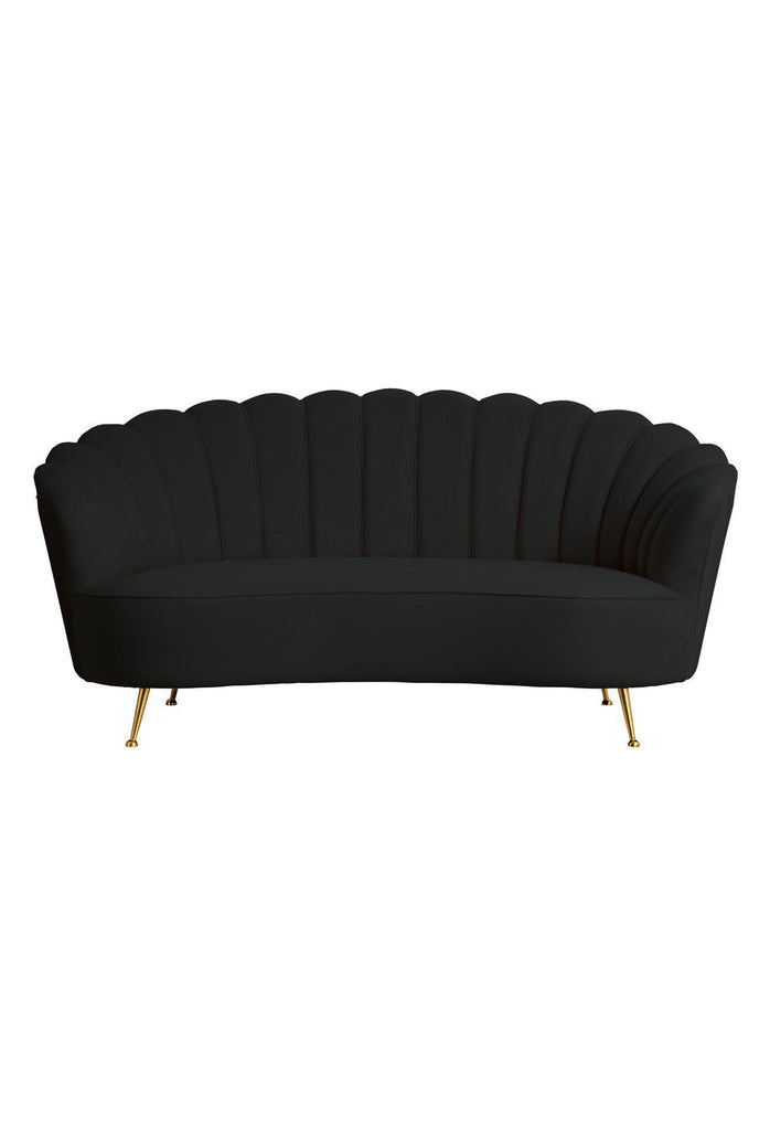 Curved Black Velvet Sofa with Stitching and Piping Detailing Creating an Oyster Shaped Back Rest and four antique gold metal legs