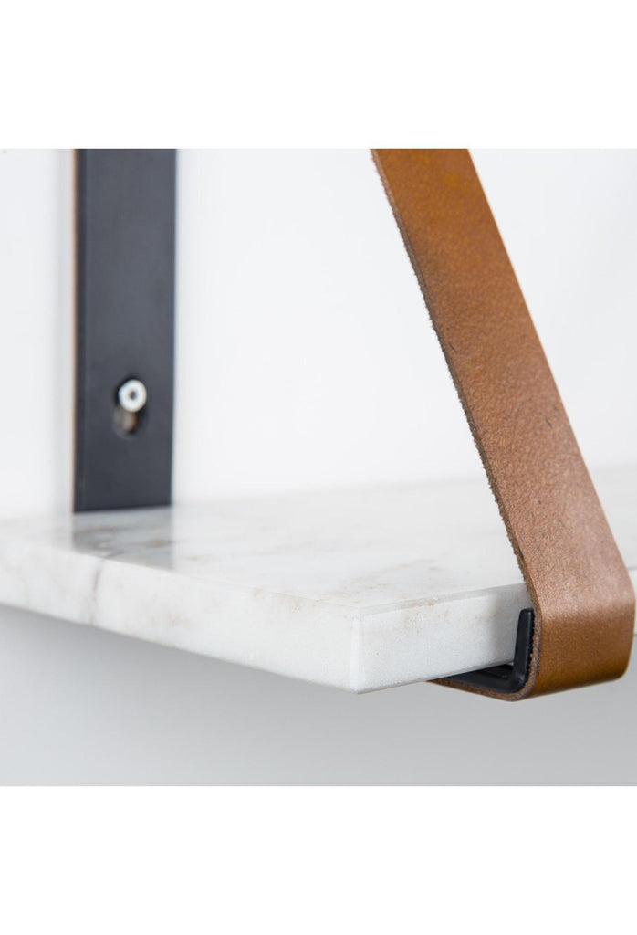 Small Rectangular White Marble Shelf with Black Leather Covered Brackets on a White Background