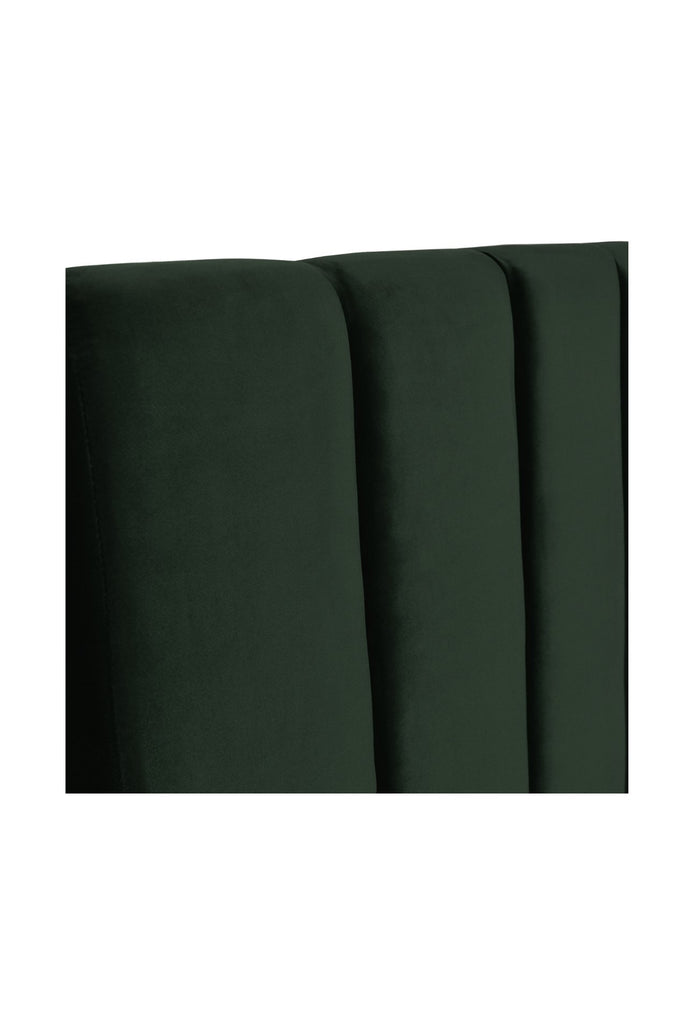 Free standing rectangular bedhead with padded panels fully upholstered in dark green velvet on a white background