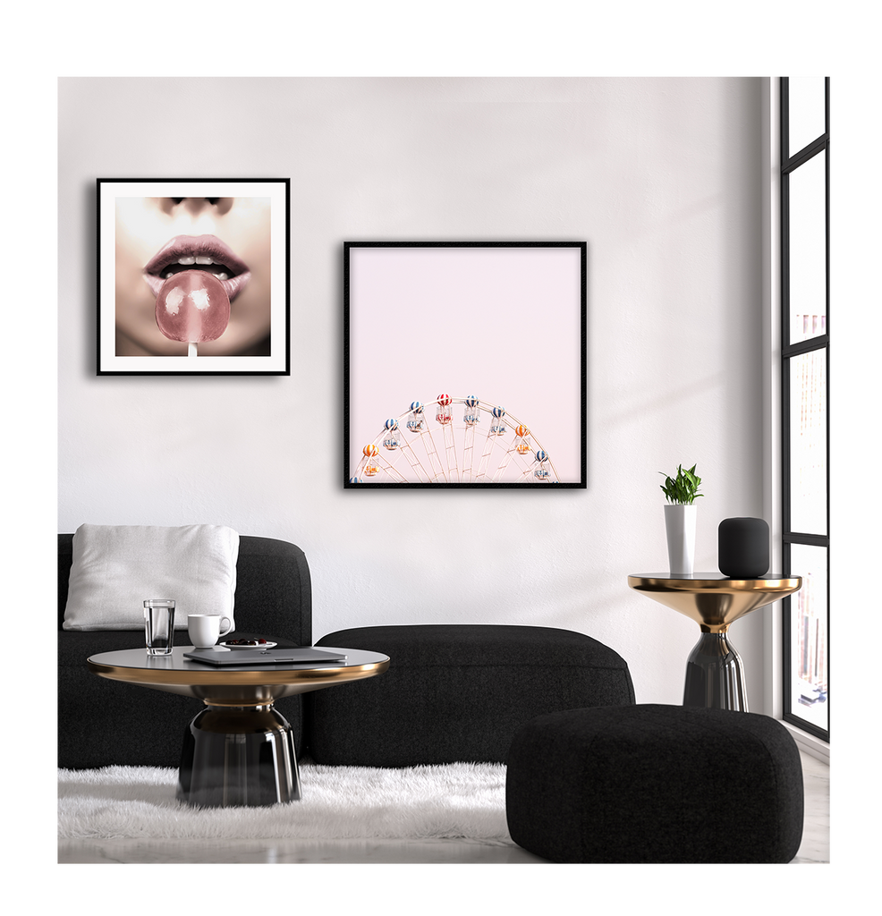 A fashion wall art with a sexy woman's juicy pink lips and pink lollipop.