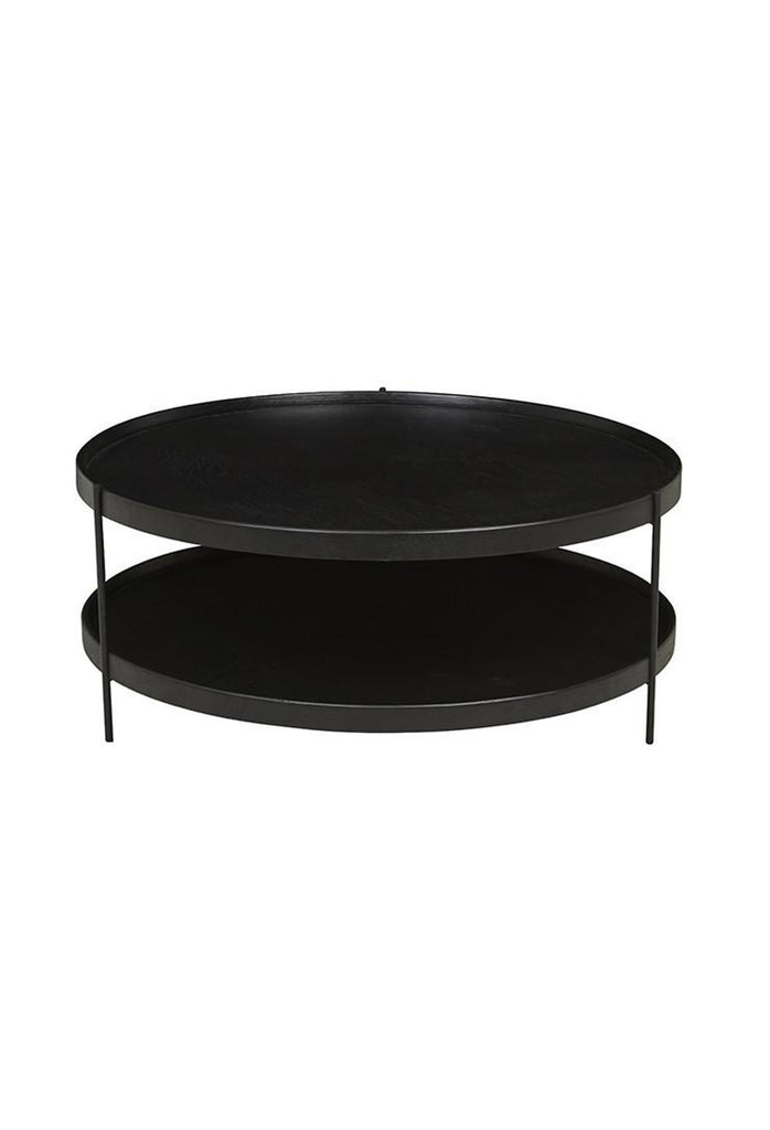 Black Round Two Tier Coffee Table with a Metal Frame and Oak Veneer Top and Bottom Shelf on a White Background