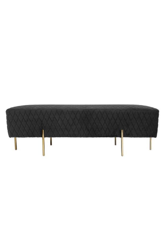 Minimalistic Bench Ottoman Upholstered in Black Velvet with Six Thin Gold Finish Steel Legs on a White Background