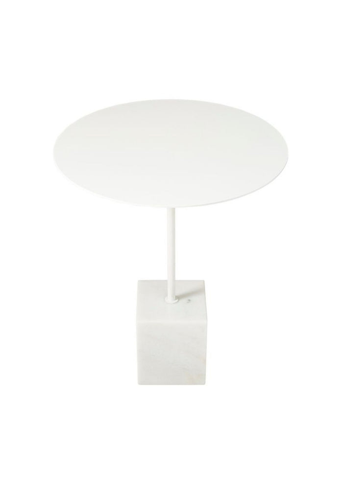 All white side table with a solid white marble base and a white metal leg and round table top on a white background