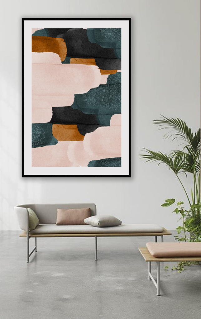Abstract minimal print with blush rust emerald green and black tones 