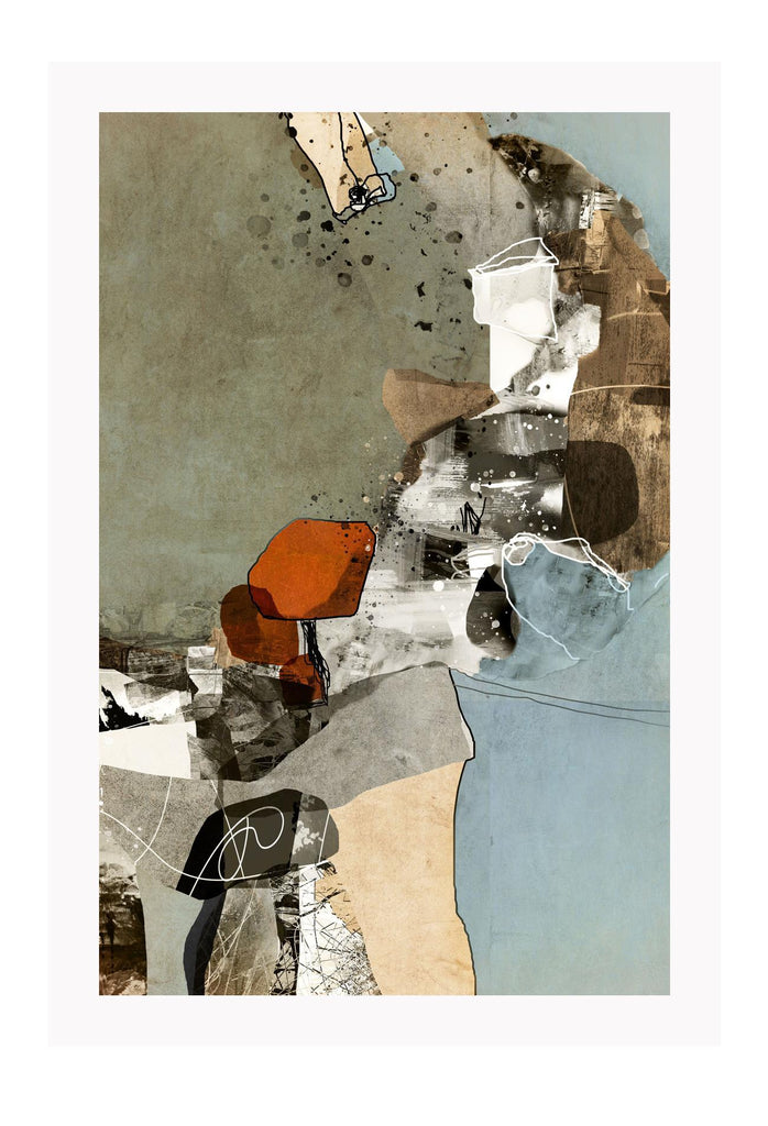 Abstract print in different textures with random shapes, lines and paint splatters in beige, black, grey and rust tones.