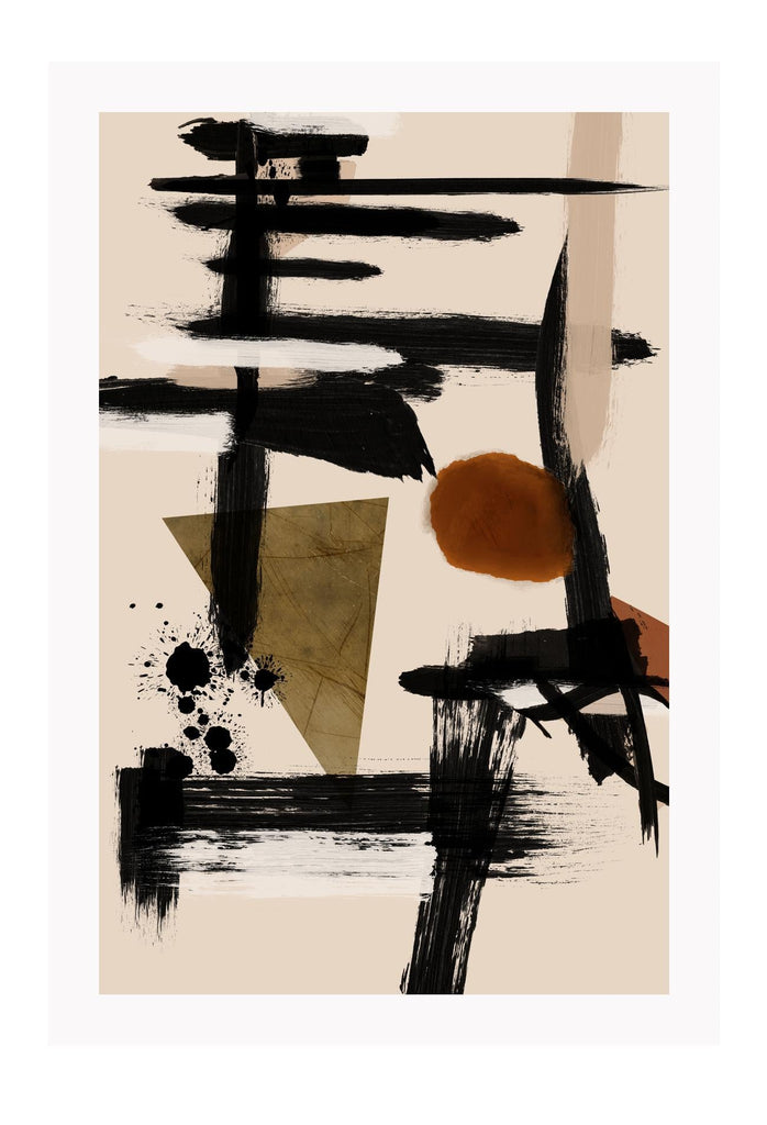 Abstract print with black brushstrokes, a round shape in rust and a green triangle in the centre on a beige background.