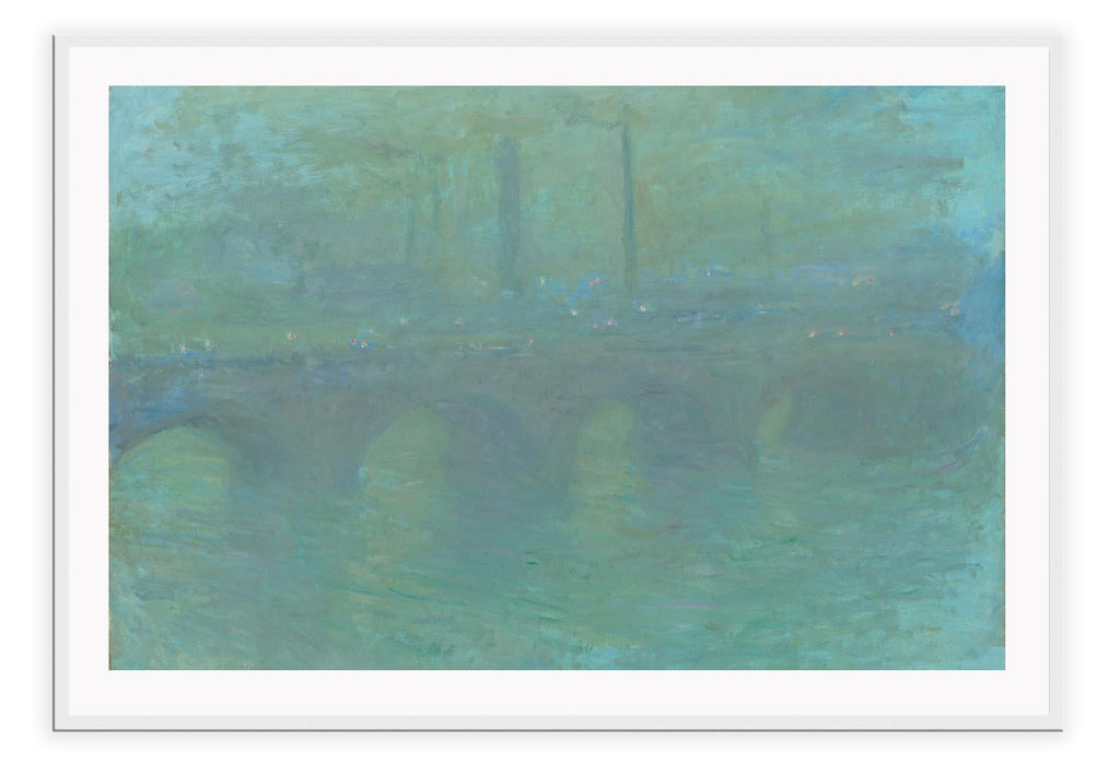 Abstract print in green and blue tones in brushstroke texture with faded outline of a bridge in the background.