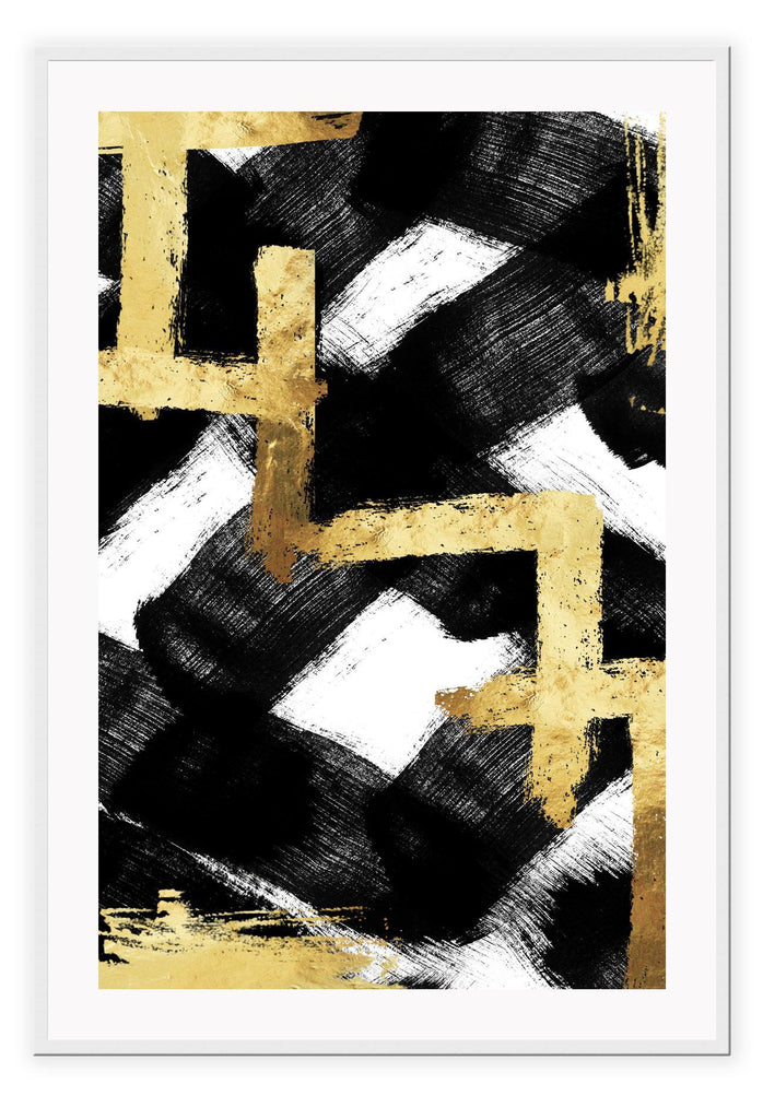 Abstract print with gold vertical and horizontal lines on big black crosses in brushstroke texture and a white background.