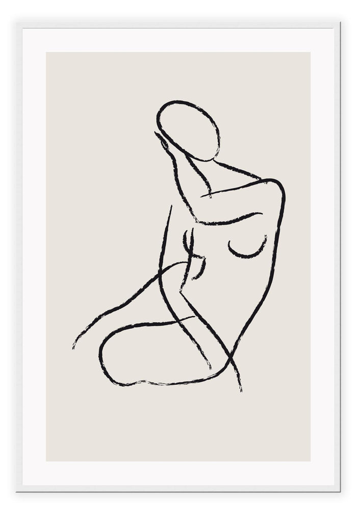 Line art woman lady bedroom minimal portrait print with black outline and beige background 