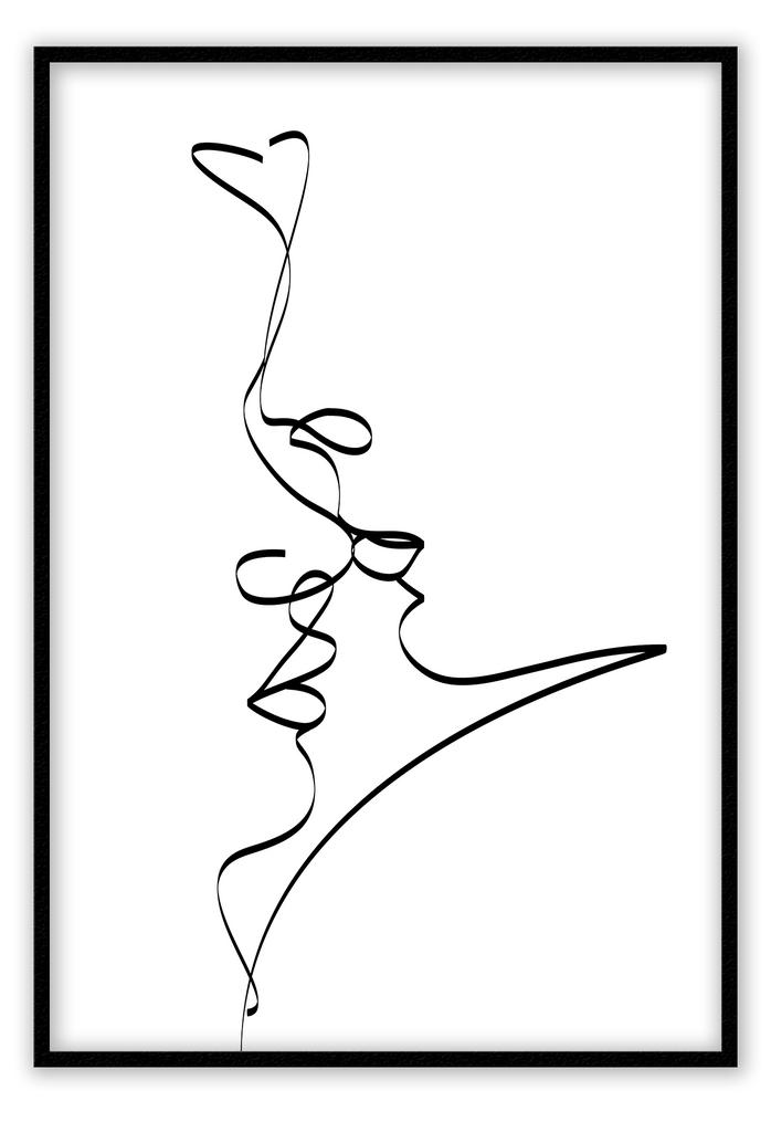 Line art print white background black line illustrating faces close together in enbrace abstract