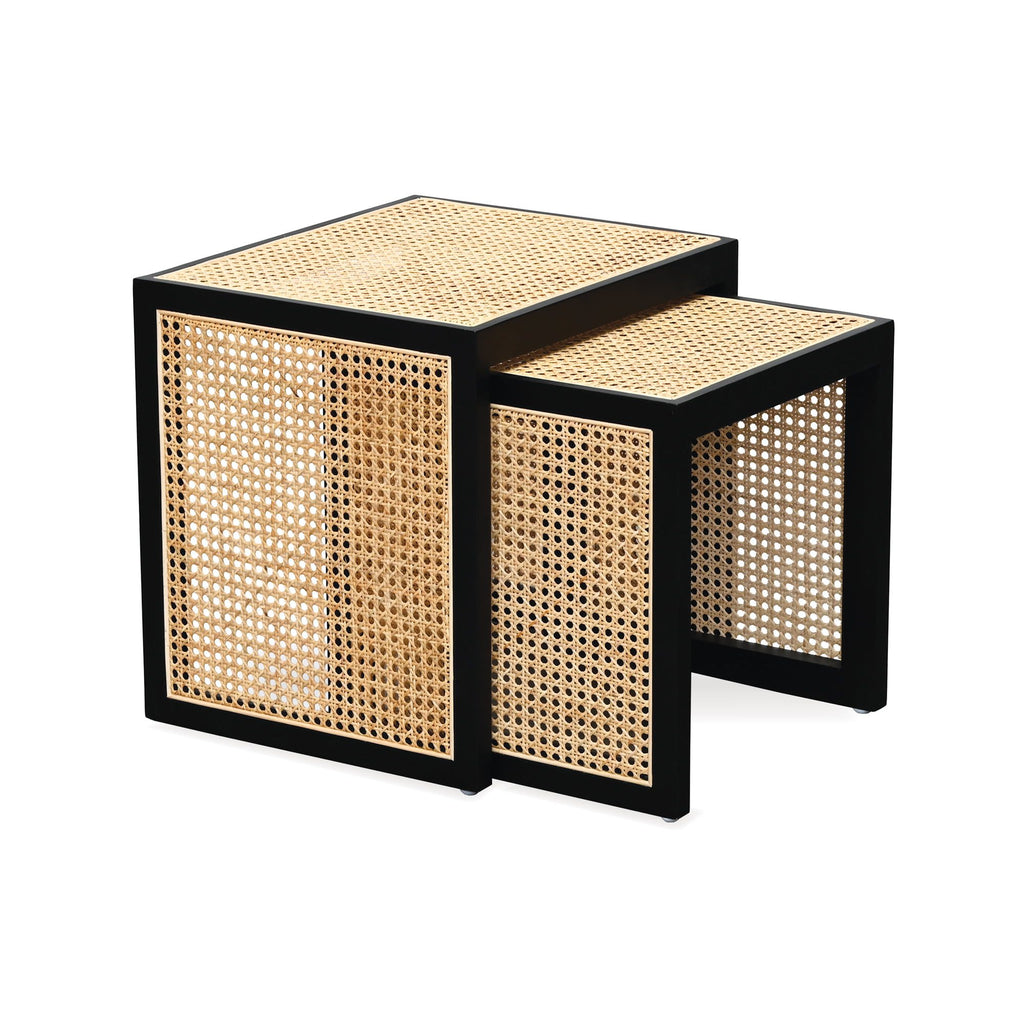 Luther Side Table Set – Dark Wood & Natural Rattan