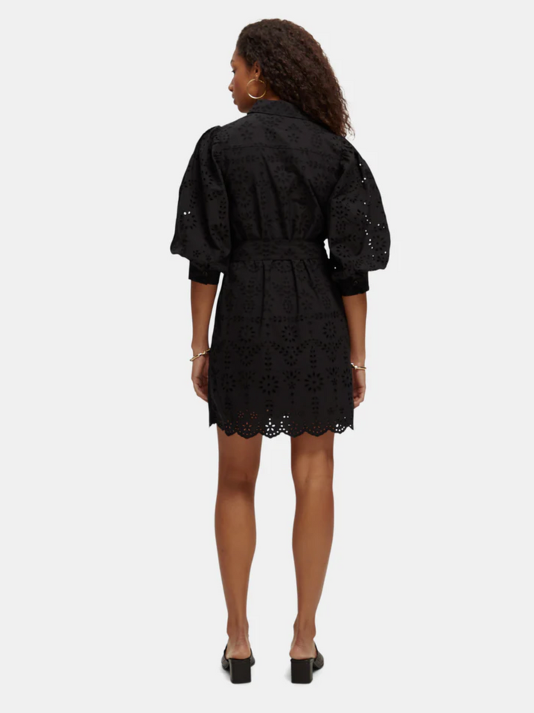 Puff Sleeve Embroidered Shirt Dress - Black