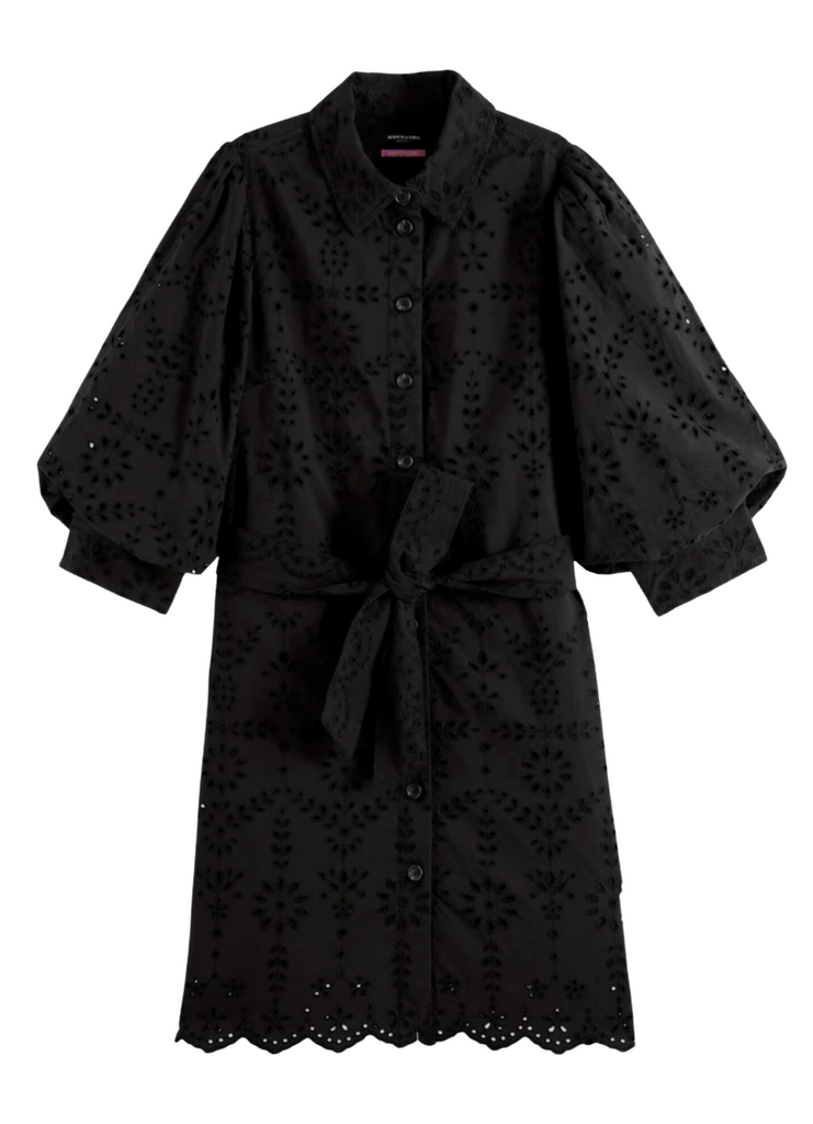 Puff Sleeve Embroidered Shirt Dress - Black