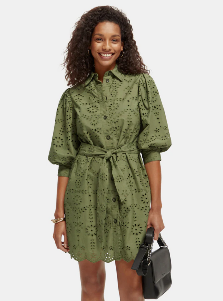 Puff Sleeve Embroidered Shirt Dress - Olive Green