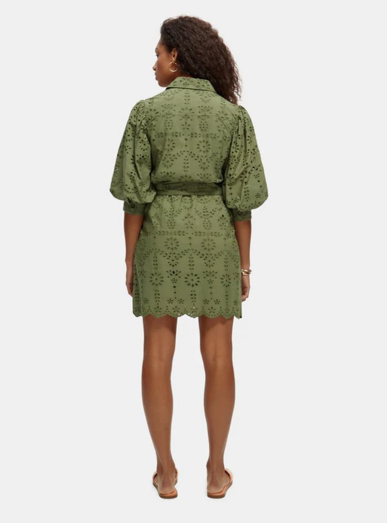 Puff Sleeve Embroidered Shirt Dress - Olive Green