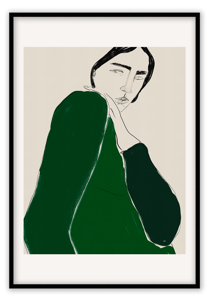 Abstract art print with a woman in a green longsleeve looking over her shoulder in the center on light grey background