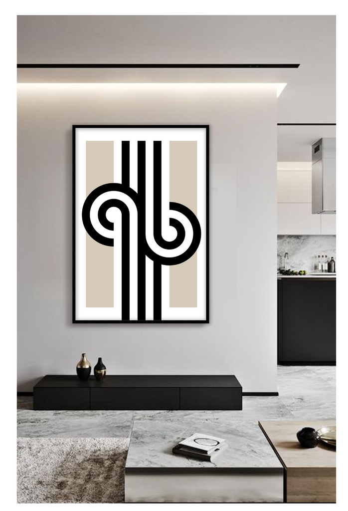 Minimalistic print with chunky black and white lines forming two circles in the centre on a beige background.