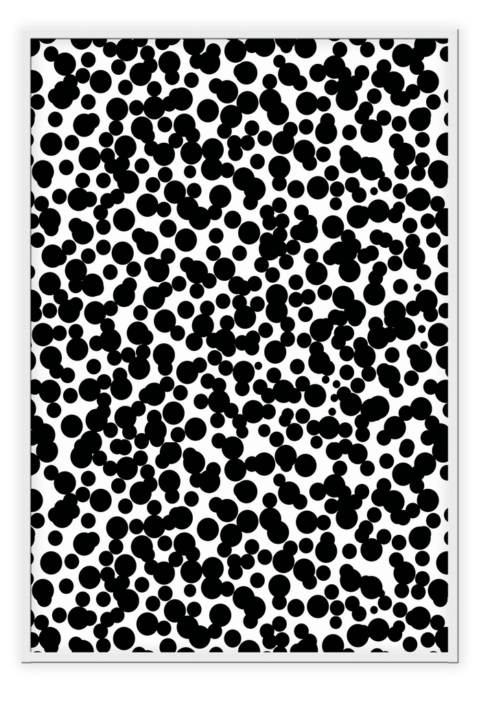 An abstract minimal print art with black dots on white background.