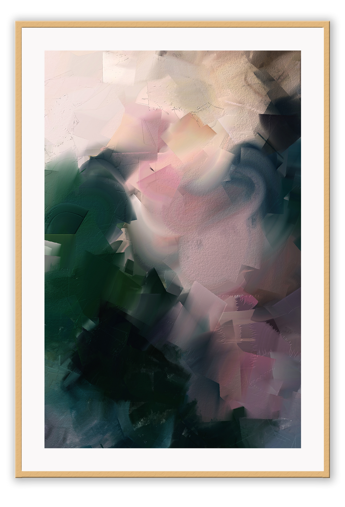 Abstract art print in brushtroke texture with darker green tones on the bottom fading into lighter blush tones at the top.