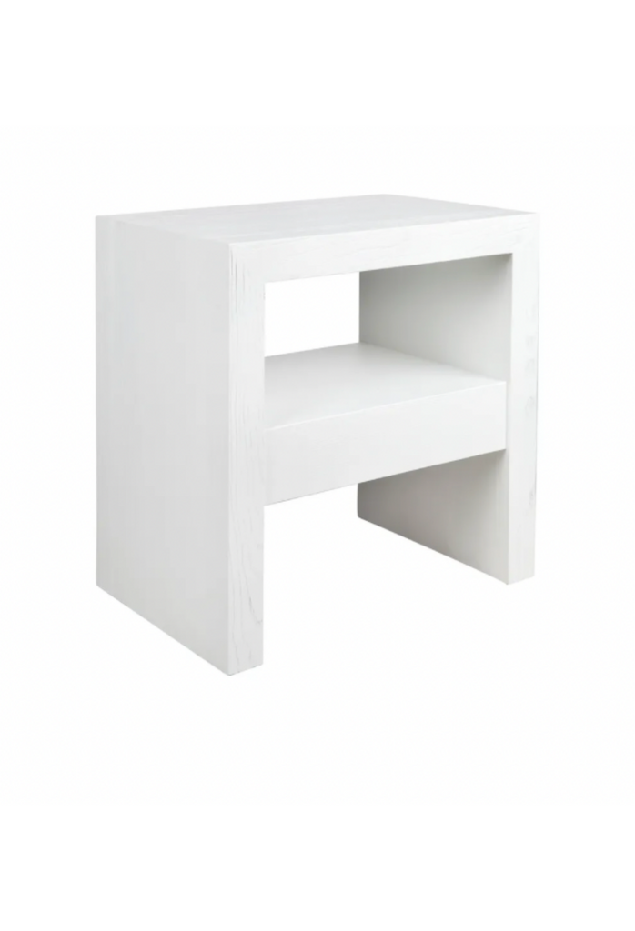 Minimalist White Wooden Side Table or Bedside Table with a Chunky Linear Frame and a Middle Shelf on a White Background