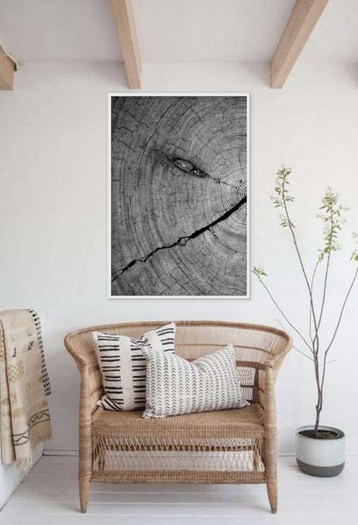 Natural earthy print cut wood age lines black and white close up portrait landscape
