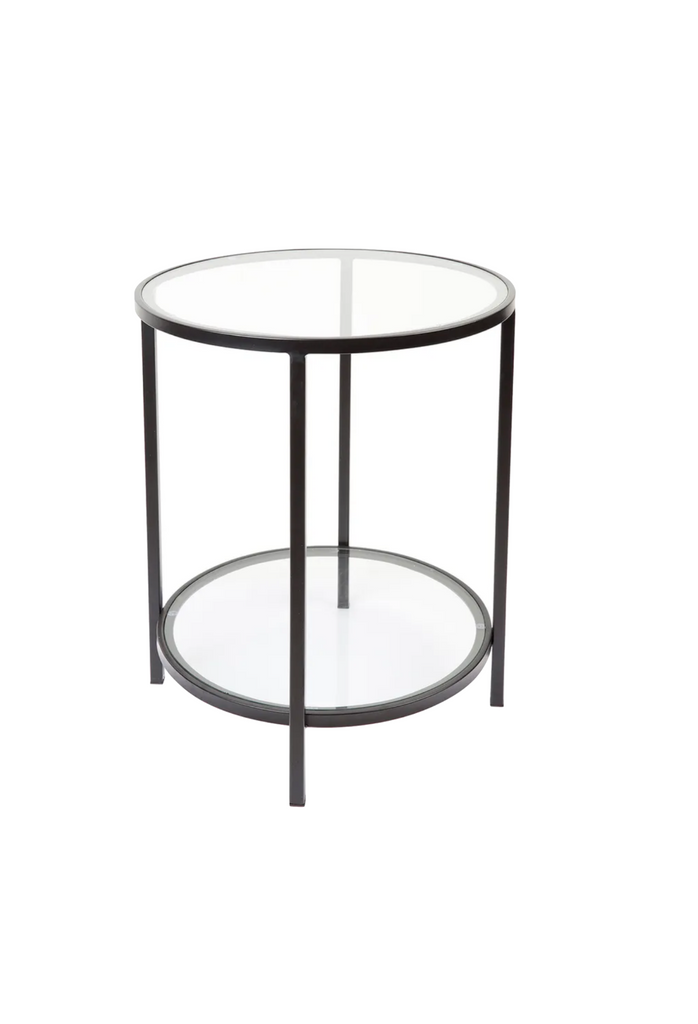 Modern round black frame coffee table with glass top and bottom