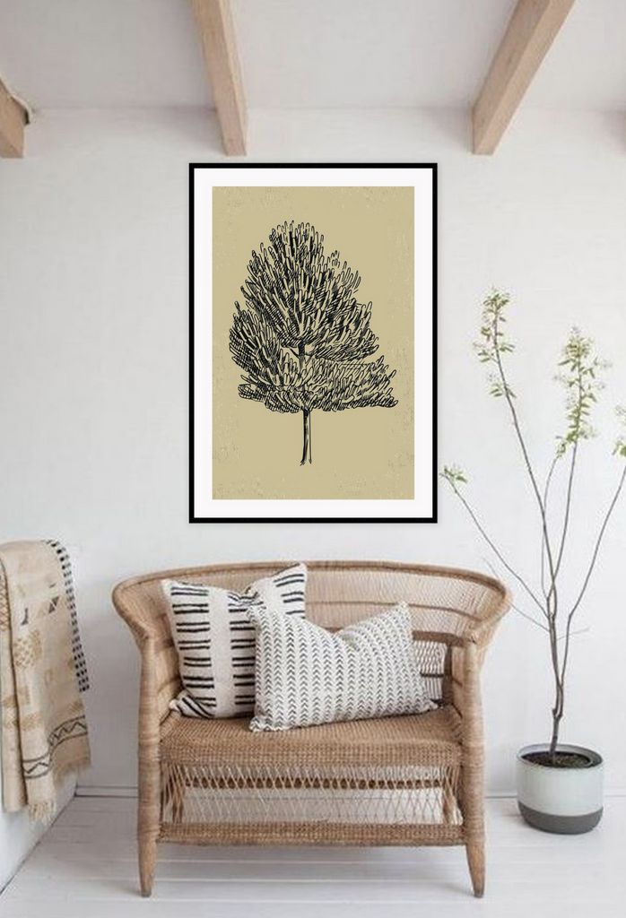  Tree sketch blowing in wind in black with texture and natural beige background portrait print