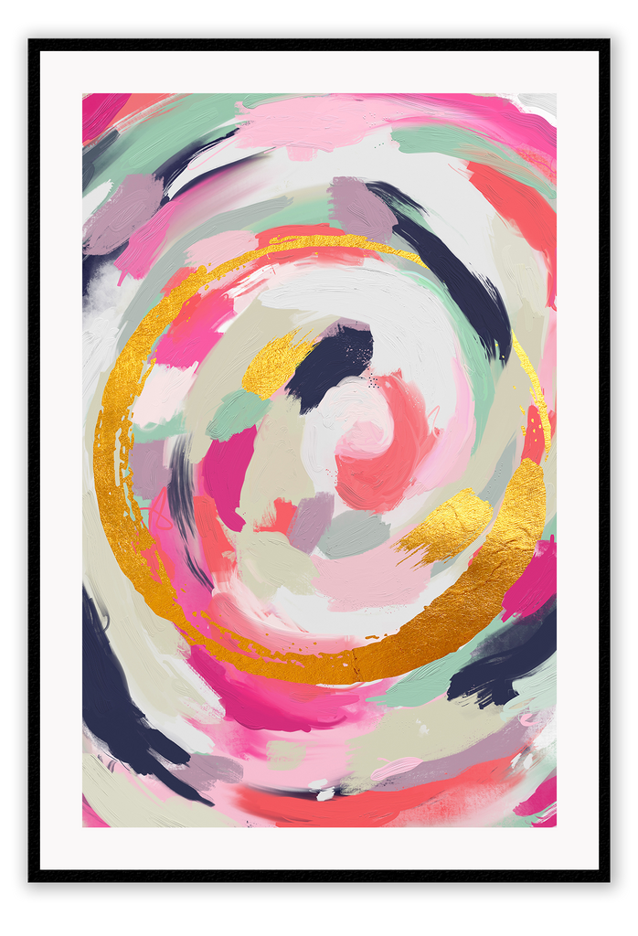 Abstract print with gold, pink, navy, blue and white colours forming an organic circle shape with brushstrokes. 