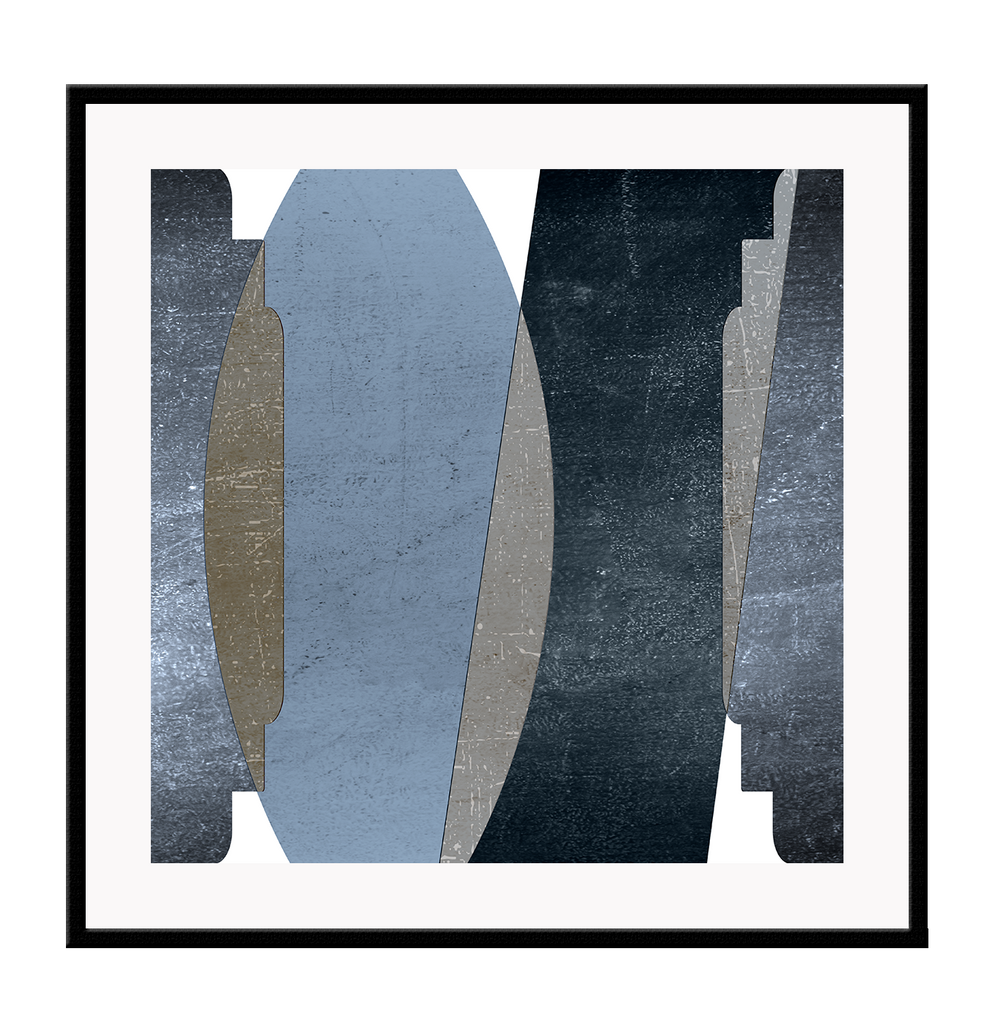 Abstract style print with blue, grey and black shapes overlapping in rough concrete textures on a white background.