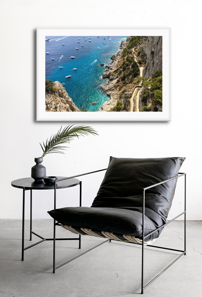 Landscape print with blue water coast rocks nature boats europe road ocean sea waves 