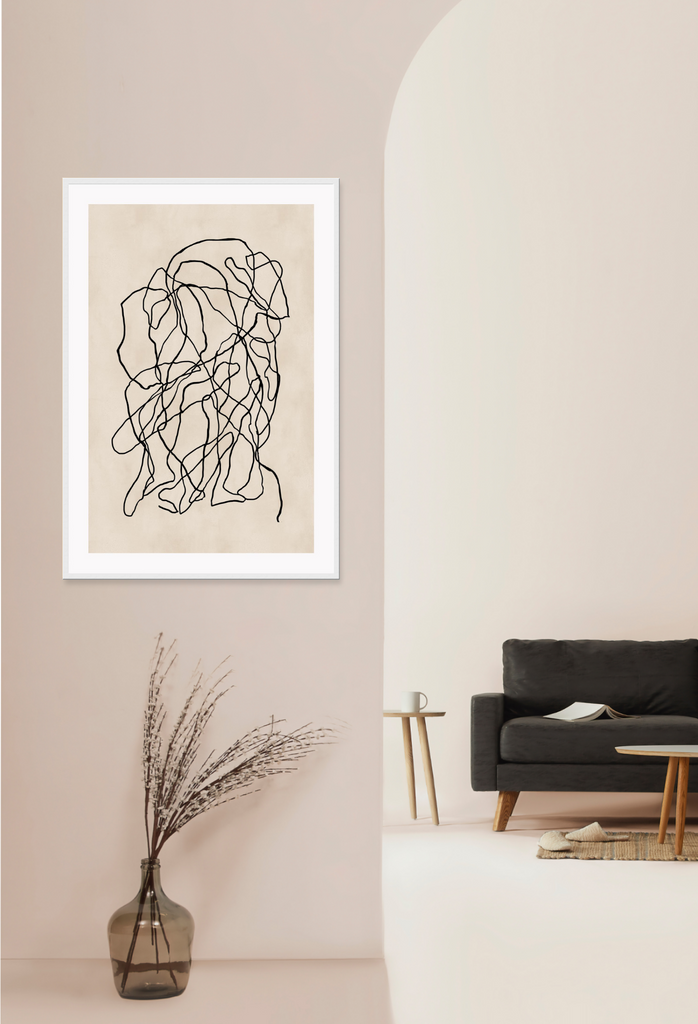 Minimal abstract modern portrait landscape print style small black squiggle lines overlapping cream beige background.