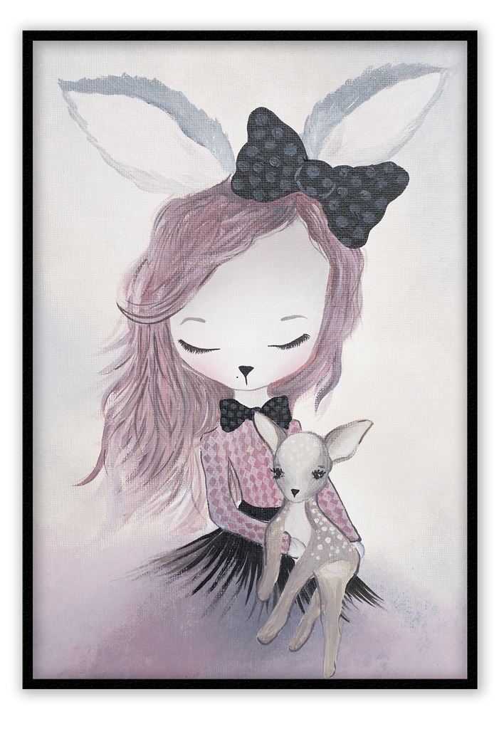 Children nursery print with rabbit bunny girl drawing with pink clothes holding a deer