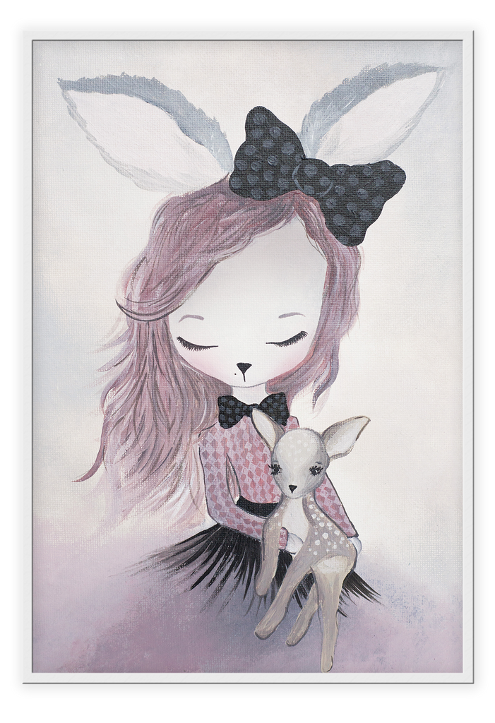 Children nursery print with rabbit bunny girl drawing with pink clothes holding a deer