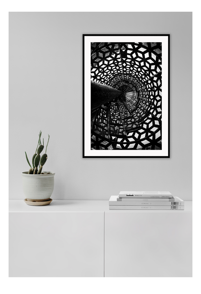 Photography print black and white shadows created by staircase geometric pattern  