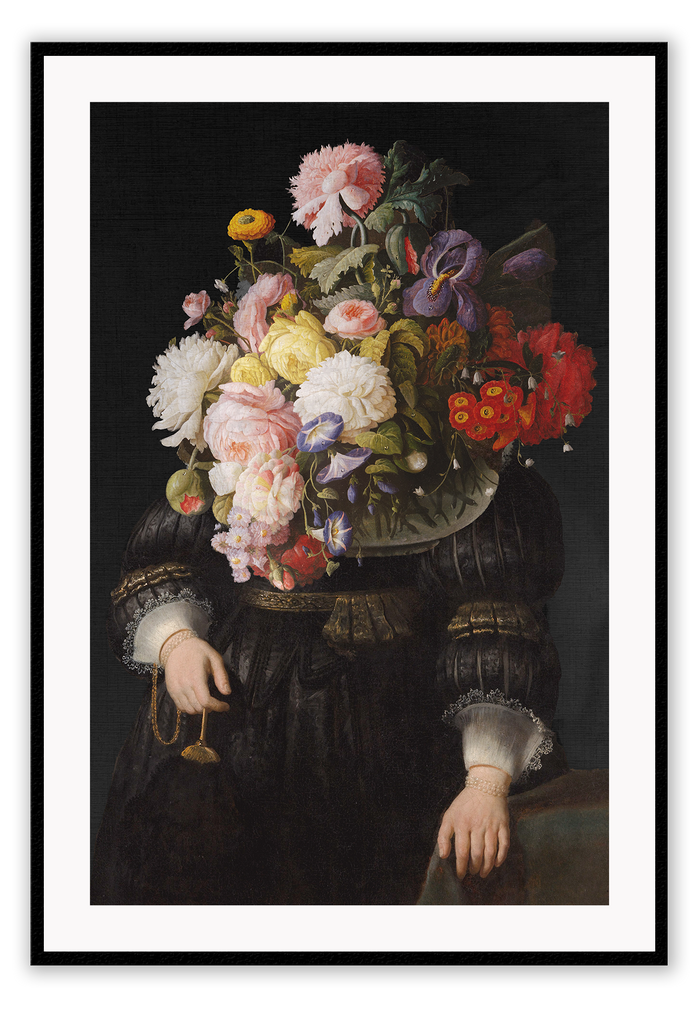 Floral photography painting royal renaissance colour red pink yellow white on black background engulfing man 