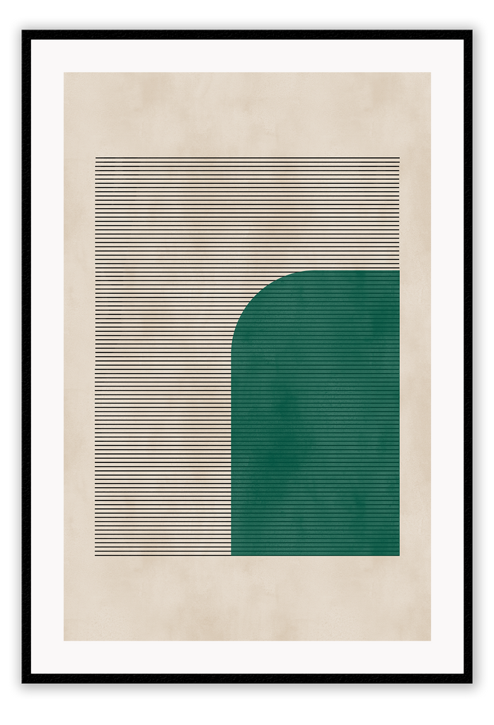 Minimal print with abstract emerald green shape and small horizontal lines on a textured beige background 