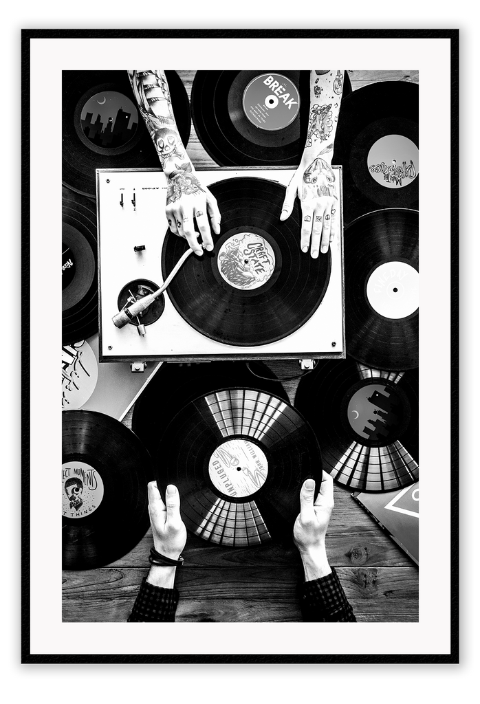 Black and white photography record music tattoos portrait print 