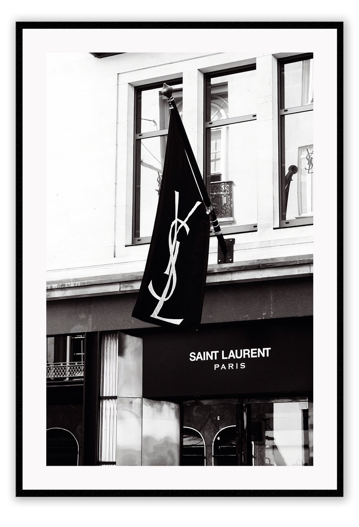 A black and white wall art with iconic Yves Saint Laurent Bond Street shop in London 