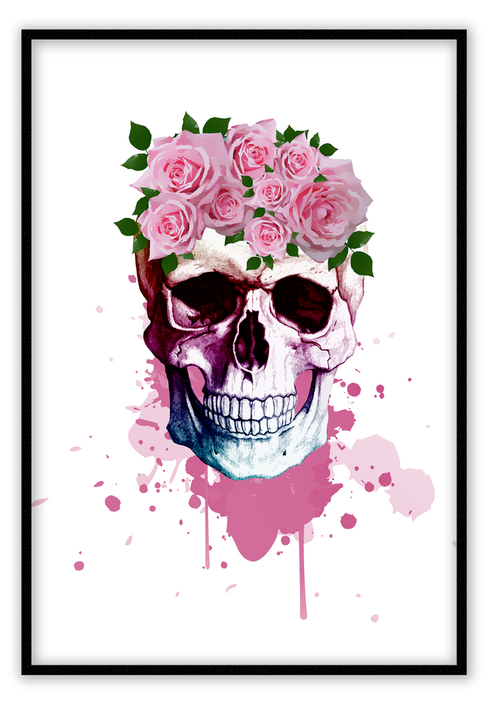 Drawing of a skull with flower crown and pink paint splashes on a white background  