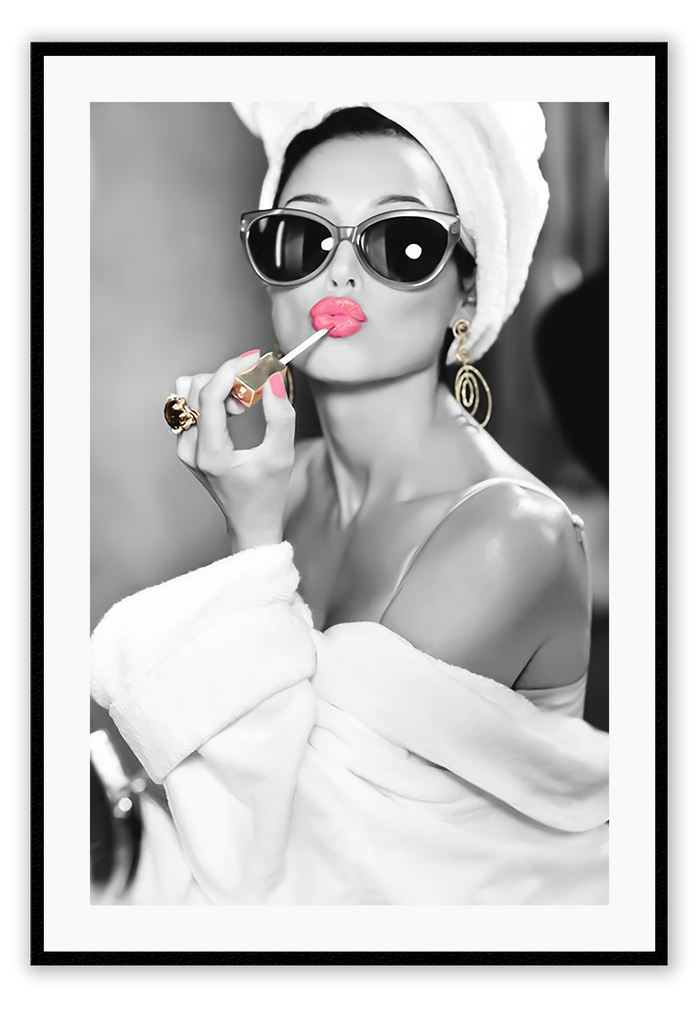 A black and white fashion print with sexy lady in lingerie pink lips and sunglasses gold jewelwry 